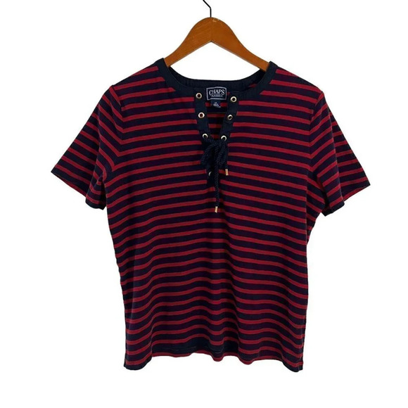 Chaps Classics Red and Navy Striped Short Sleeve Shirt 1X Grommet Lace Up Neck - Picture 1 of 4